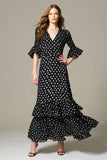 Black White Dot Ruffled A Line Long Formal Dress with Sleeves