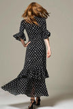 Black White Dot Ruffled A Line Long Formal Dress with Sleeves
