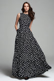Black White Dot A Line Round Neck Long Formal Dress with Pocket