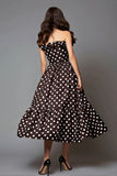 Dark Brown White Dot Strapless Ruffled Formal Dress with Pockets