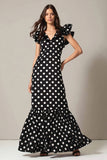 Black White Dot A Line V-Neck Long Formal Dress with Ruffles