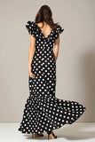 Black White Dot A Line V-Neck Long Formal Dress with Ruffles