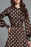 Dark Brown White Dot A Line Round Neck Formal Dress with Sleeves