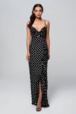 Black Spaghetti Straps Chiffon Sheath Polka Dots Dress with Slit