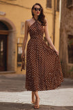 Brown Chiffon A-Line Halter Tea Length Polka Dots Dress