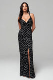 Black Chiffon Sheath Long Polka Dots Formal Dress with Slit