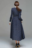 Navy Satin A-Line Long Sleeves Tea Length Polka Dots Dress