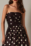 Dark Brown Satin Strapless A-Line Polka Dots Dress