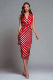 Red Satin V-Neck Bodycon Tea Length Polka Dots Dress