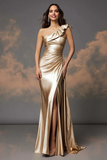 Glitter Gold Sheath One Shoulder Ruched Prom Dress with Slit