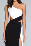 Black and White One Shoulder Sheath Long Formal Dress with Slit