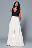 Black and White A Line V Neck Long Formal Dress with Slit