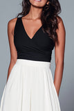 Black and White A Line V Neck Long Formal Dress with Slit