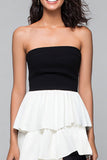Strapless A Line Tiered Black and White Formal Dress with Slit