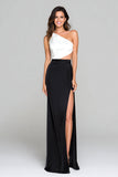 One Shoulder Sheath Cut Out Black and White Formal Dress with Slit