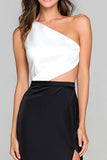 One Shoulder Sheath Cut Out Black and White Formal Dress with Slit