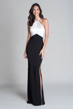 Halter Sheath Black and White Long Formal Dress with Slit