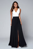 A Line Black and White V Neck Formal Dress with Slit