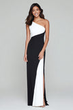 Black and White Sheath One Shoulder Formal Dress with Slit