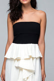 Strapless Black and White Ruffle Long Formal Dress with Slit