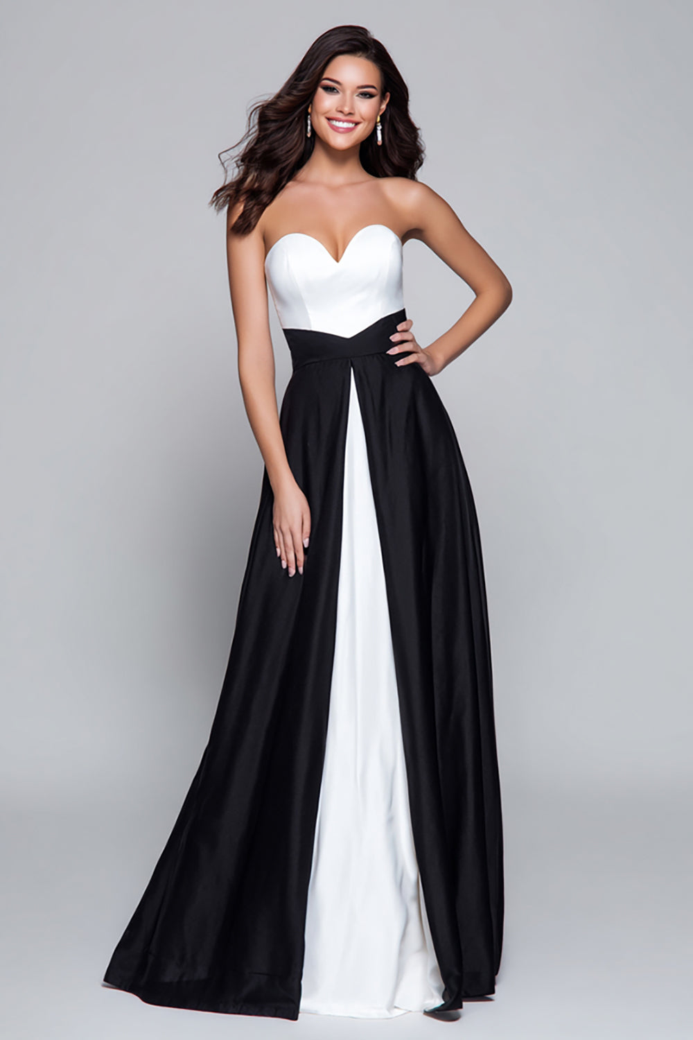 black and white evening dresses uk WEDTREND Women Simple V Neck Formal Dress with Slit Black And White A Line Sleeveless Long Evening Dress Wedtrend UK