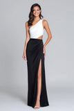 Cut Out Black and White One Shoulder Sheath Long Formal Dress with Slit