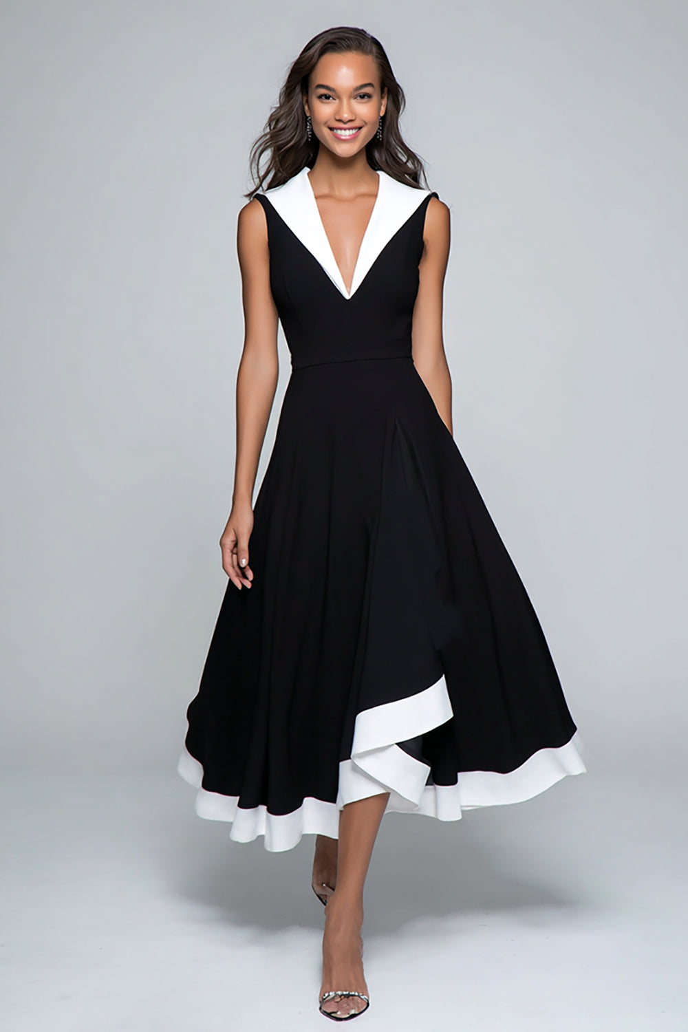 ZAPAKA Women Black and White Formal Dress A Line V Neck Midi Dress ZAPAKA UK ZAPAKA Women Black and White Formal Dress A Line V Neck Midi Dress ZAPAKA UK