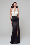 Halter Black and White Sheath Formal Dress with Slit