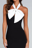 Black and White Sheath Halter Long Formal Dress with Bow