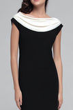 Black and White Cowl Neck Sheath Long Formal Dress with Sleeves
