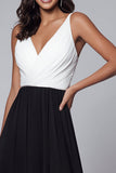 V-Neck Black and White A Line Long Formal Dress with Slit
