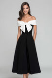 Black and White A Line Off the Shoulder Long Formal Dress with Bow