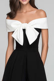 Black and White A Line Off the Shoulder Long Formal Dress with Bow