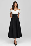 Black and White Satin Off the Shoulder Long Formal Dress with Pockets