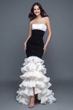 Black and White Mermaid Strapless Long Formal Dress with Ruffles