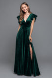 Dark Green V Neck Velvet A Line Formal Dress with Ruffled Sleeves