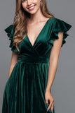 Dark Green V Neck Velvet A Line Formal Dress with Ruffled Sleeves