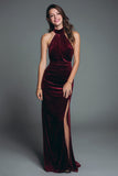 Halter Burgundy Velvet Sheath Ruched Formal Dress with Slit