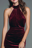 Halter Burgundy Velvet Sheath Ruched Formal Dress with Slit