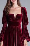 Burgundy Velvet Square Neck A Line Formal Dress with Slit