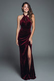 Burgundy Halter Velvet Long Formal Dress with Slit
