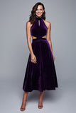 Plum Halter Cut Out A Line Velvet Formal Dress