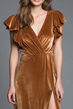 Brown Velvet A Line Slit Long Formal Dress with Ruffled Sleeves