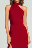 Burgundy Crepe Sheath Halter Long Formal Dress with Slit
