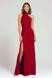 Burgundy Crepe Sheath Halter Long Formal Dress with Slit
