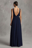 Navy Chiffon A Line V-Neck Long Formal Dress with Slit