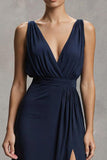 Navy Chiffon A Line V-Neck Long Formal Dress with Slit