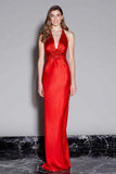 Red Satin Sheath V-Neck Long Formal Dress with 3D Flower
