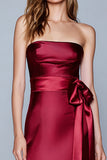 Burgundy Sheath Satin Strapless Long Formal Dress with Sash
