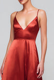 Red A Line Satin Spaghetti Straps Long Formal Dress